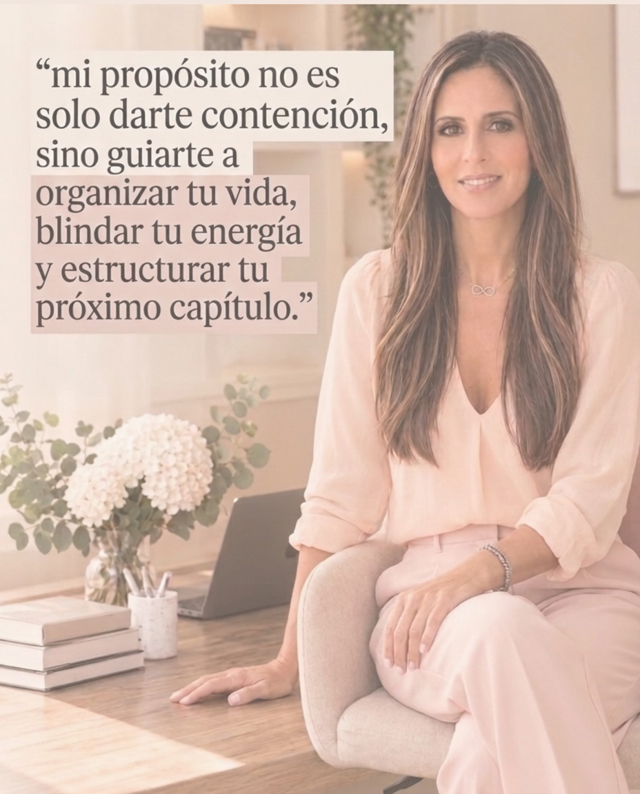 Ingrid Quevedo at her desk with the quote: my purpose is not only to give you support, but to guide you to organize your life, protect your energy and structure your next chapter
