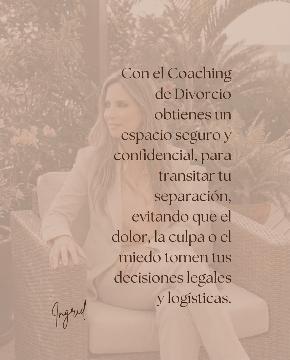Ingrid Quevedo sentada en un jardín junto a un mensaje sobre el coaching de divorcio